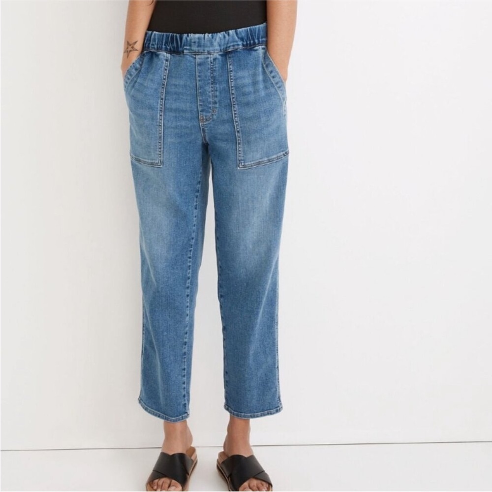 Madewell Light Blue Ankle Jeans Relaxed Pull-On Blue denim sz M elastic waist - Picture 3 of 11